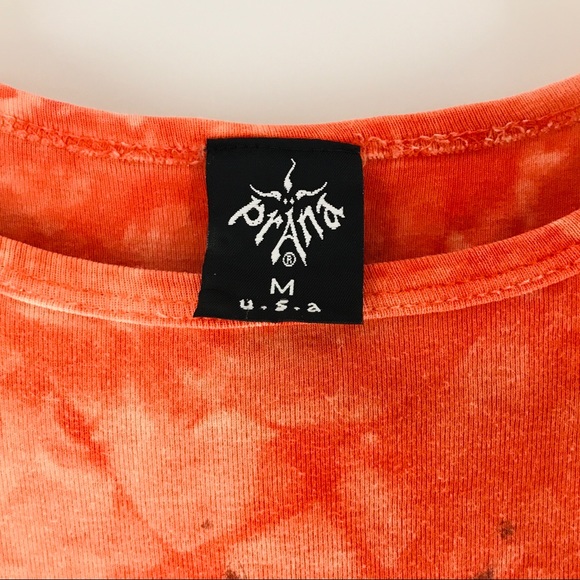PrAna Retro Orange Bleach Dye Sun Mandala 1990s Cotton Babydoll T-Shirt - Picture 4 of 10
